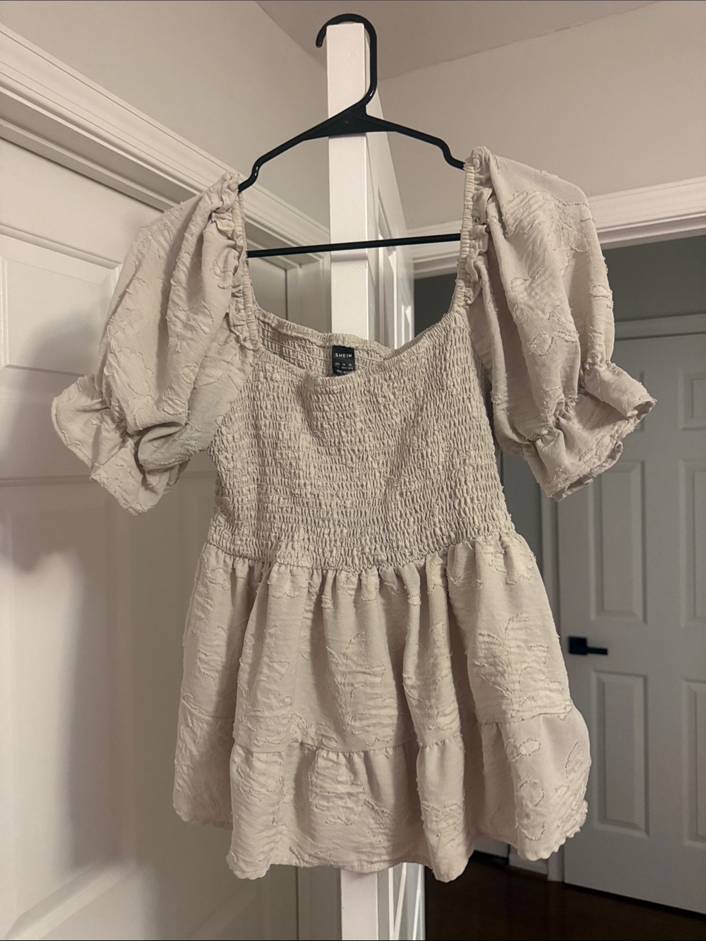 SHEIN Beige Smocked Puff-Sleeve Peplum Top